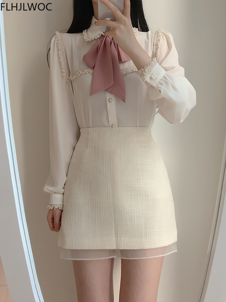 Chemisiers de style vintage pour femmes, nœud mignon, ruban aught, bouton de conception japonaise et coréenne, chemises formelles élégantes, blanc, bleu, 2409