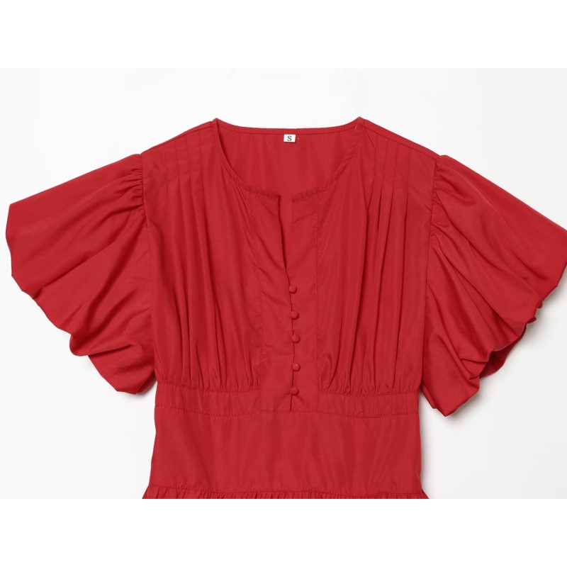Chemisier à manches bouffantes pour femme, Nouvelle collection Printemps-Été 2026, Style vintage simple, Col rond boutonné, Chemises et chemisiers à plis pour femme, Hauts chics pour femme