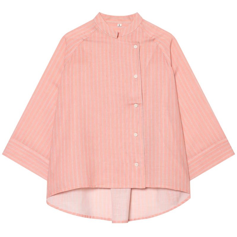 Chemises rayées roses pour femmes, été, boutons asymétriques, manches mi-longues, coupe ample, chemises décontractées, look de bureau, vintage, élégantes, hauts féminins