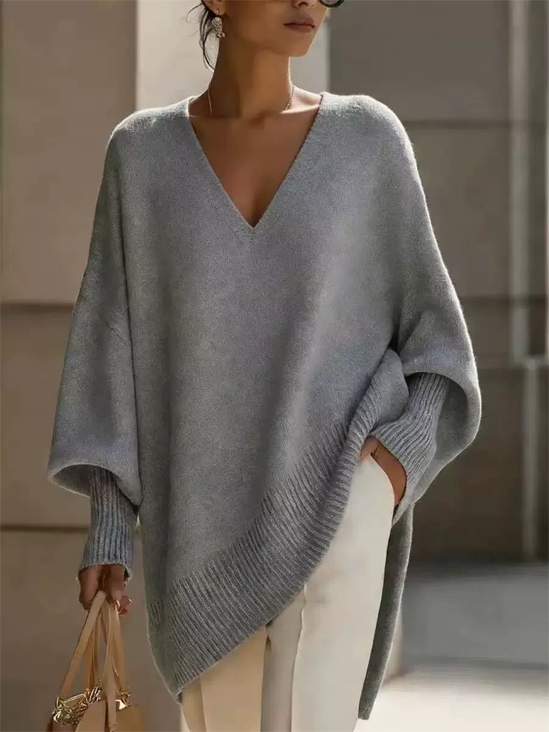 Pull en maille pour femme à manches chauve-souris, couleur unie, col en V, pull basique doux en tricot