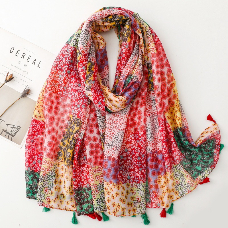 Mode bohème ethnique Floral Viscose châle enveloppement dame mince écharpes mode gland Pashmina haute qualité Foulard Hijab Sjaal 2025