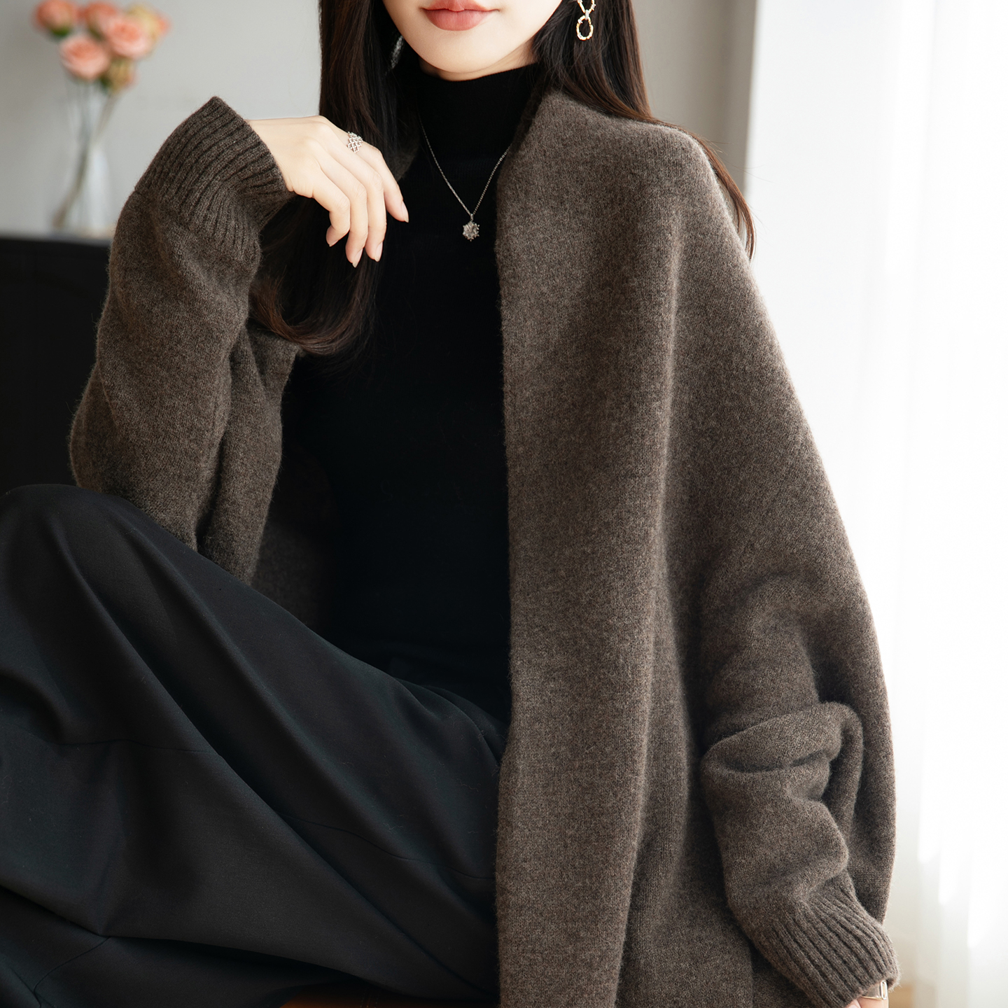Châle à franges en laine mérinos pour femmes, vêtements d'automne, couleur unie, manches longues, ample, tricoté, à la mode, en cachemire, 100%