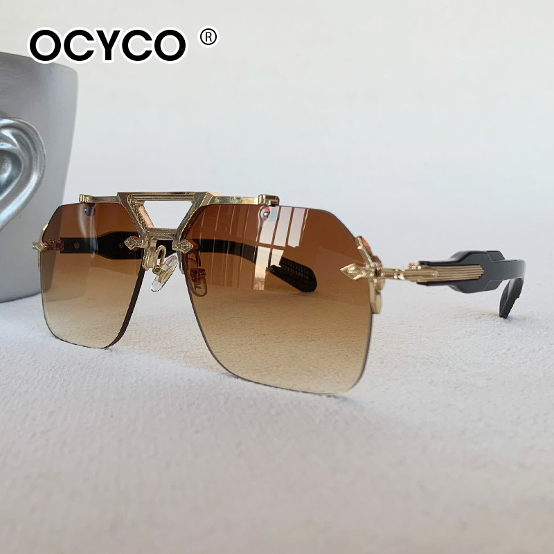 Lunettes de soleil carrées classiques de marque de luxe, sans monture, pour hommes et femmes, style rétro vintage punk, lunettes de soleil surdimensionnées, monture en métal