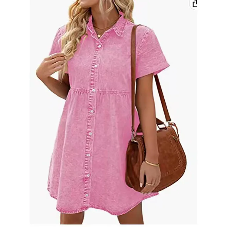 Robe chemise en jean pour femmes, manches courtes, col rabattu, en jean, simple boutonnage, haut décontracté, bord à volants