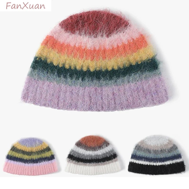 Bonnet en tricot à rayures arc-en-ciel pour femmes et filles, Streetwear Y2K, Bonnet en laine, Bonnet de poisson en peluche, Dégradé, Mode hivernale