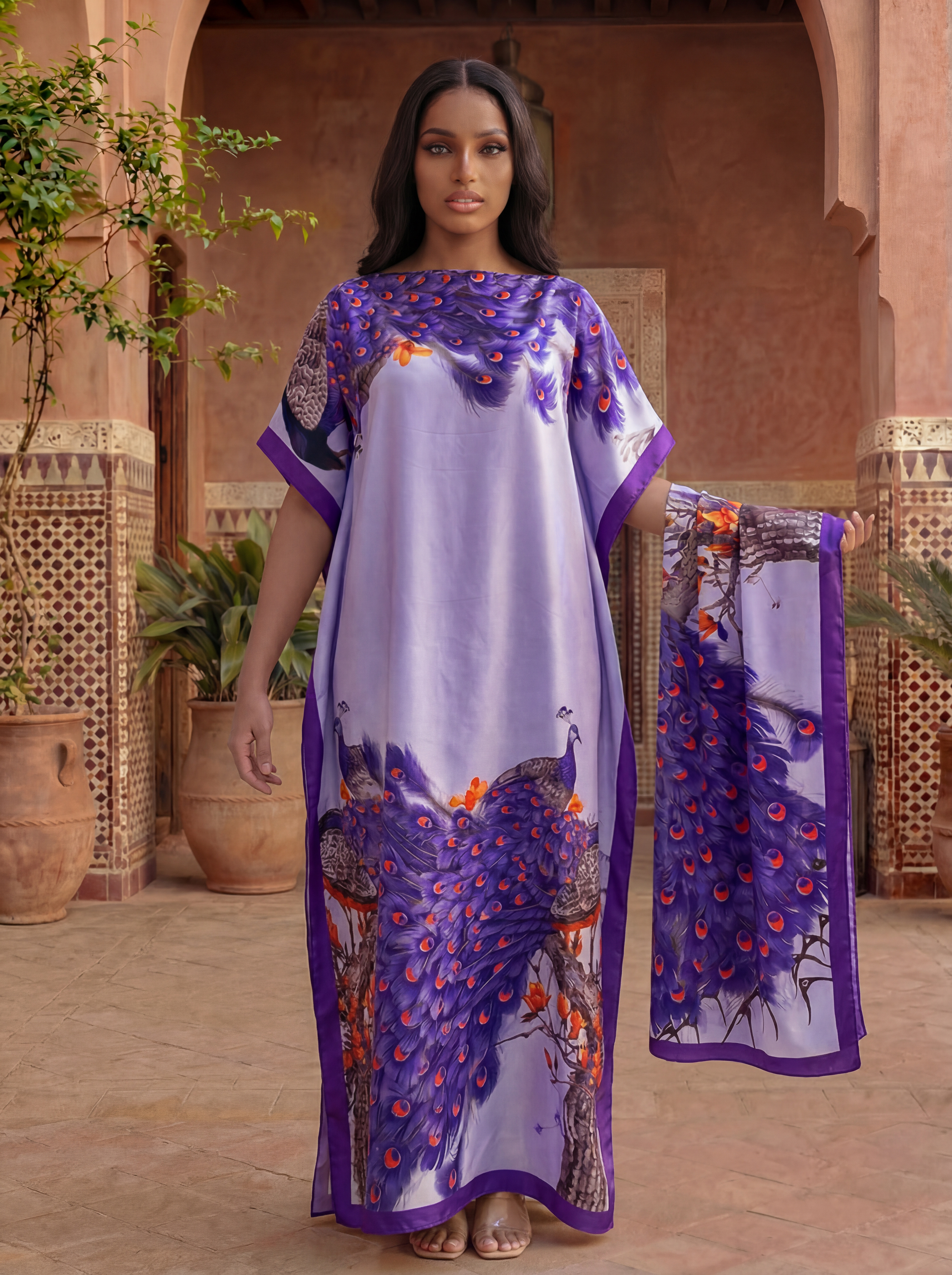 Abaya imprimée style Dubaï avec foulard assorti - Robe maxi kaftan ample à col bateau et manches chauve-souris pour femmes musulmanes