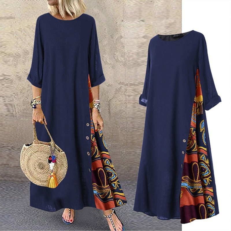 Robe longue Vintage en coton et lin pour femmes, manches trois quarts, imprimé épissé, ample, ligne a, mode décontractée, Maxi
