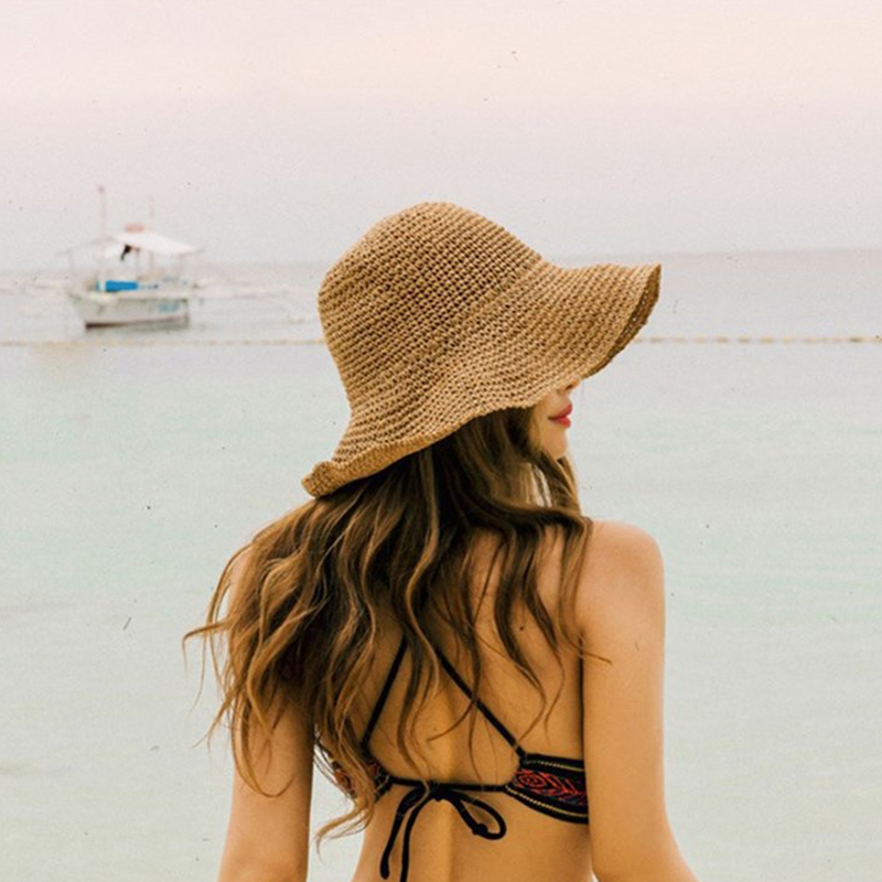 Chapeau de plage femme casquette de protection solaire Simple femmes Panama chapeau de paille été chapeau de soleil pour femmes dame pliant casquettes de voyage 10 cm bord disquette