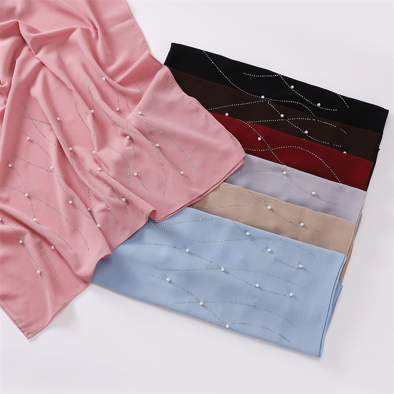 Châle en mousseline de soie avec perles et strass, écharpe de haute qualité, perles scintillantes, bandeau enveloppant, Hijab musulman