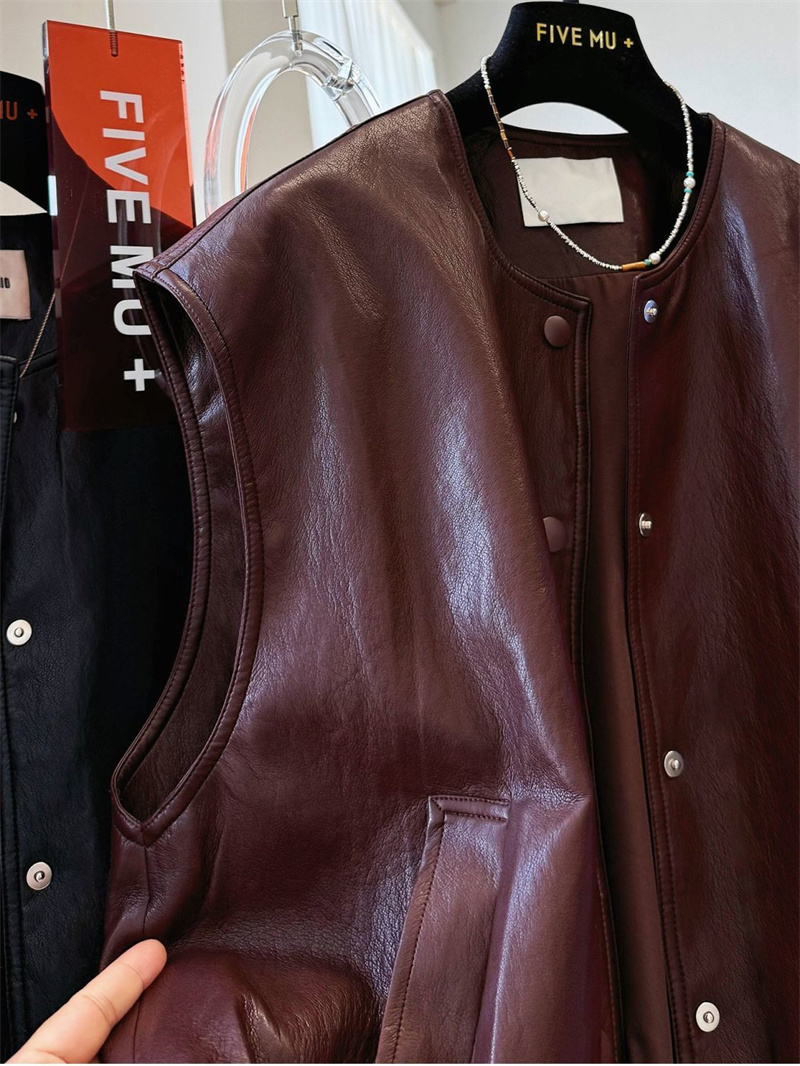Gilet en cuir pour femmes, nouveau rétro décontracté, simple boutonnage, col rond, ample, avancé, nouvelle mode, gilet sans manches, manteau court