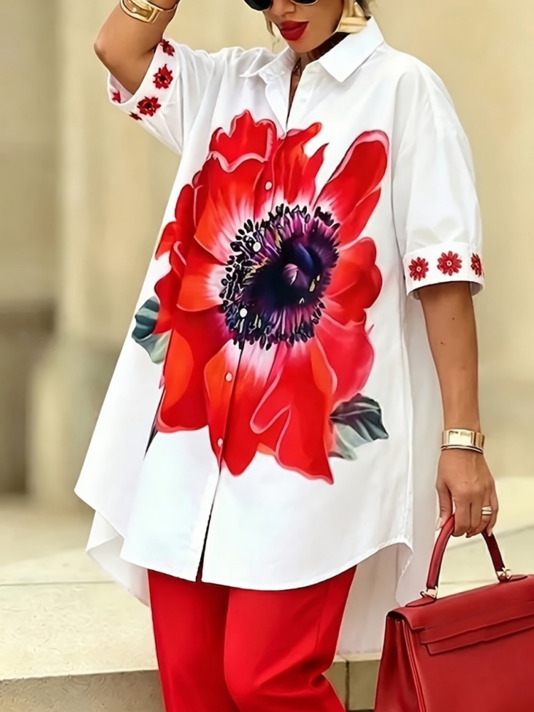 Ensemble 2 pièces vintage pour femme, imprimé floral, chemise à manches courtes et col rabattu à simple boutonnage, pantalon slim uni, tenue décontractée