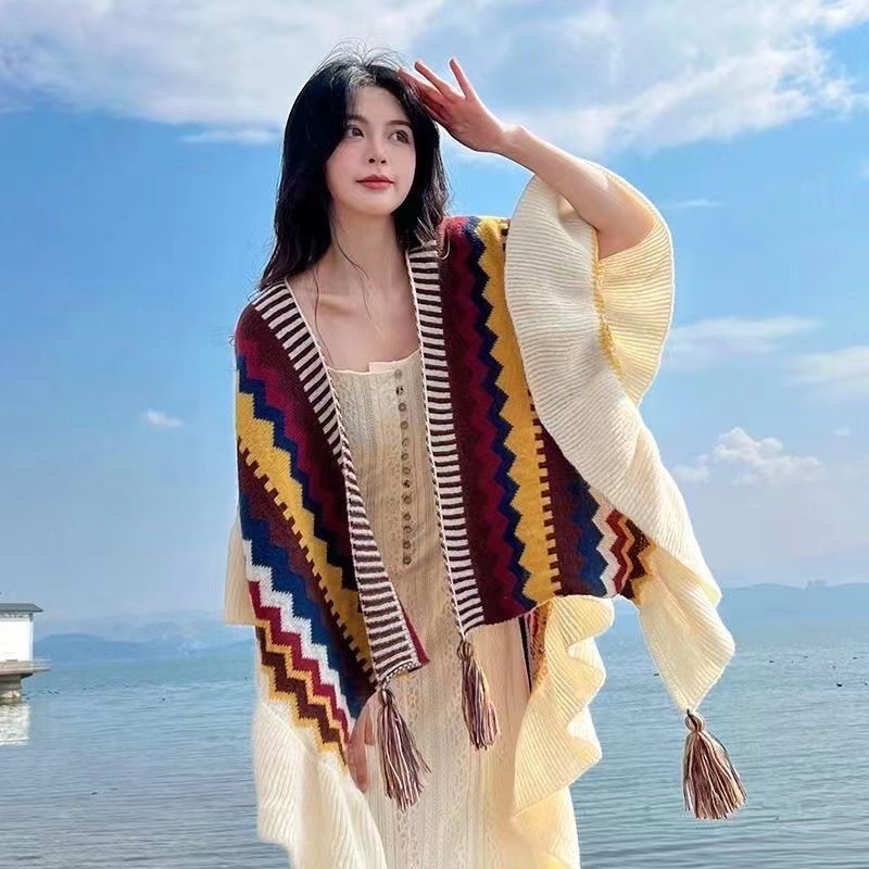 Châle bohème pour femme, Mohair avec pompon, cardigan ethnique rétro pour femme, écharpe à volants ronde rayée pour le voyage, printemps, automne, nouveau