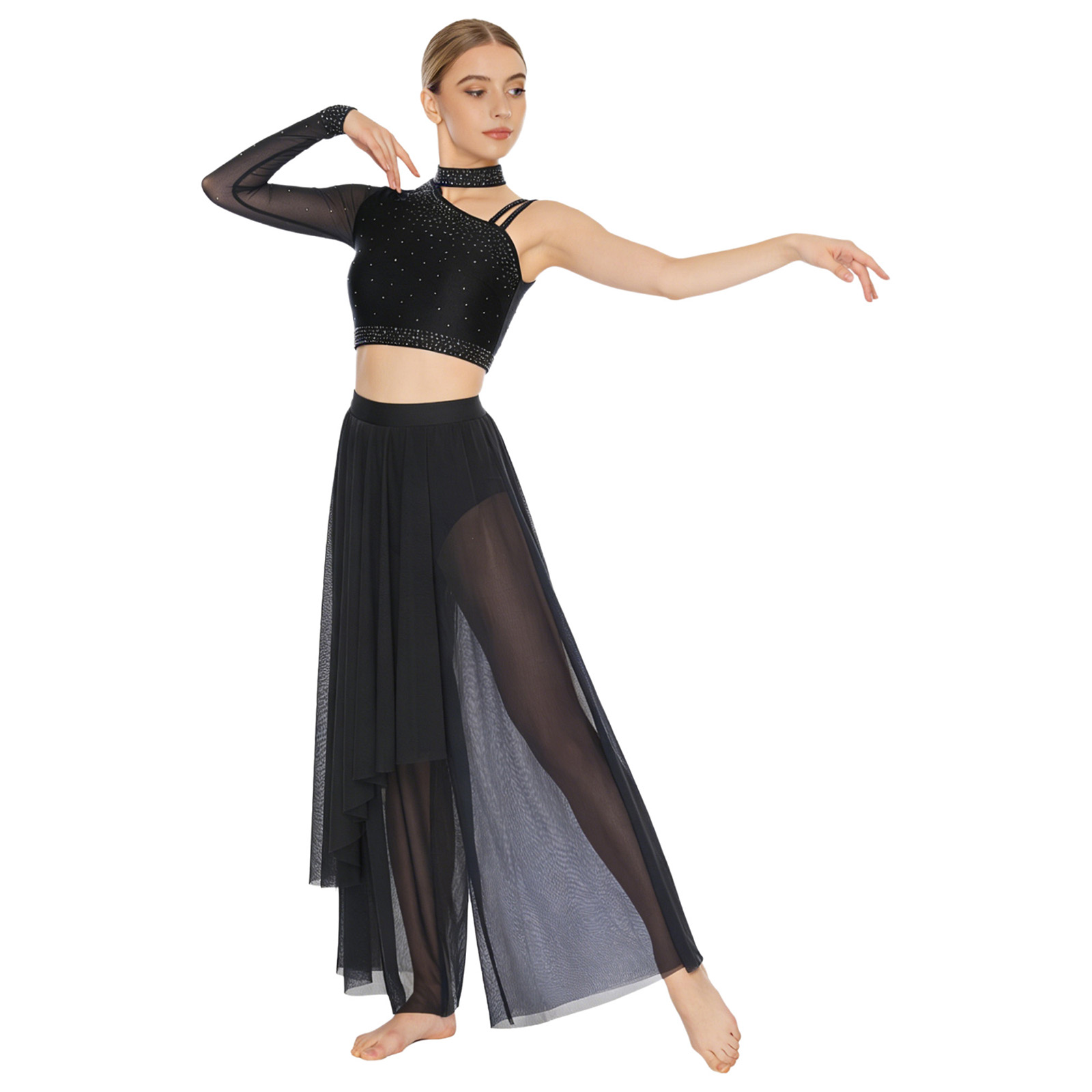 Costume de danse lyrique moderne pour femmes, hauts courts brillants avec pantalon transparent et culotte intégrée, tenue de patinage, gymnastique, ballet