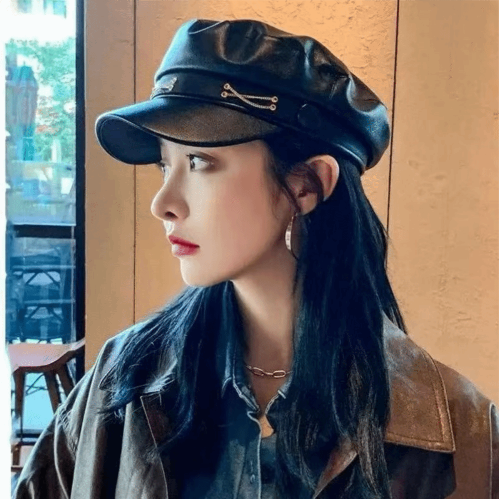 Béret classique à visière plate en cuir PU noir, style marin, chapeau de peintre punk, réglable