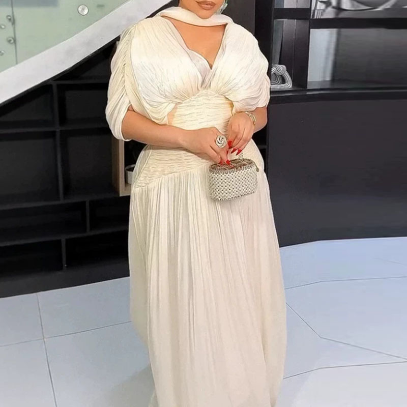 Robe longue décontractée pour femme, col en V, taille haute, drapée, dos nu, plissée, manches chauve-souris, couleur unie, Printemps 2026, Été