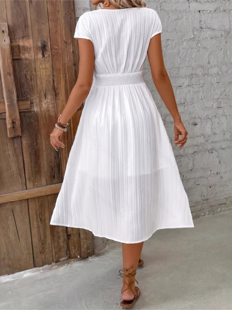 Robe décontractée en dentelle blanche pour femmes, mode, manches courtes, col en V, taille haute, robes amples, élégante, jupe de fête de vacances, été