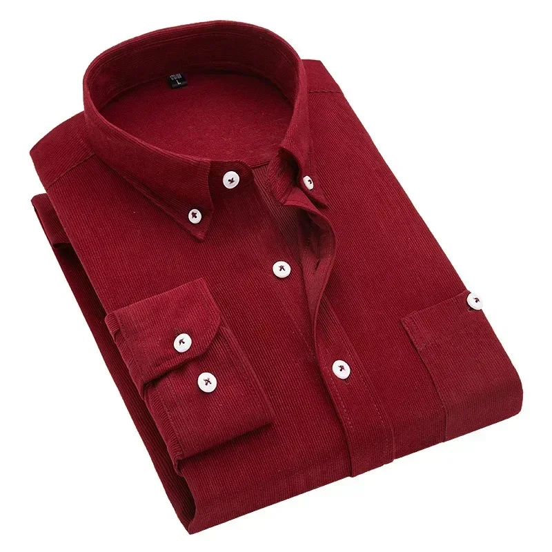 Décontracté hommes chemise en velours côtelé 2025 printemps automne à manches longues rayé t-shirts mâle coupe ajustée chemise col rabattu Camisa Masculina