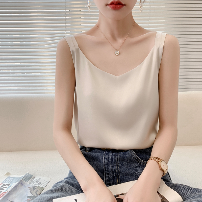 Camisole en soie pour femmes, costume d'été à l'intérieur, col en v, gilet à bascule en Satin, fin, ample, sans manches, écharpe, hauts en soie, petite chemise tendance, 2025