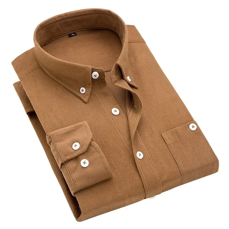 Décontracté hommes chemise en velours côtelé 2025 printemps automne à manches longues rayé t-shirts mâle coupe ajustée chemise col rabattu Camisa Masculina