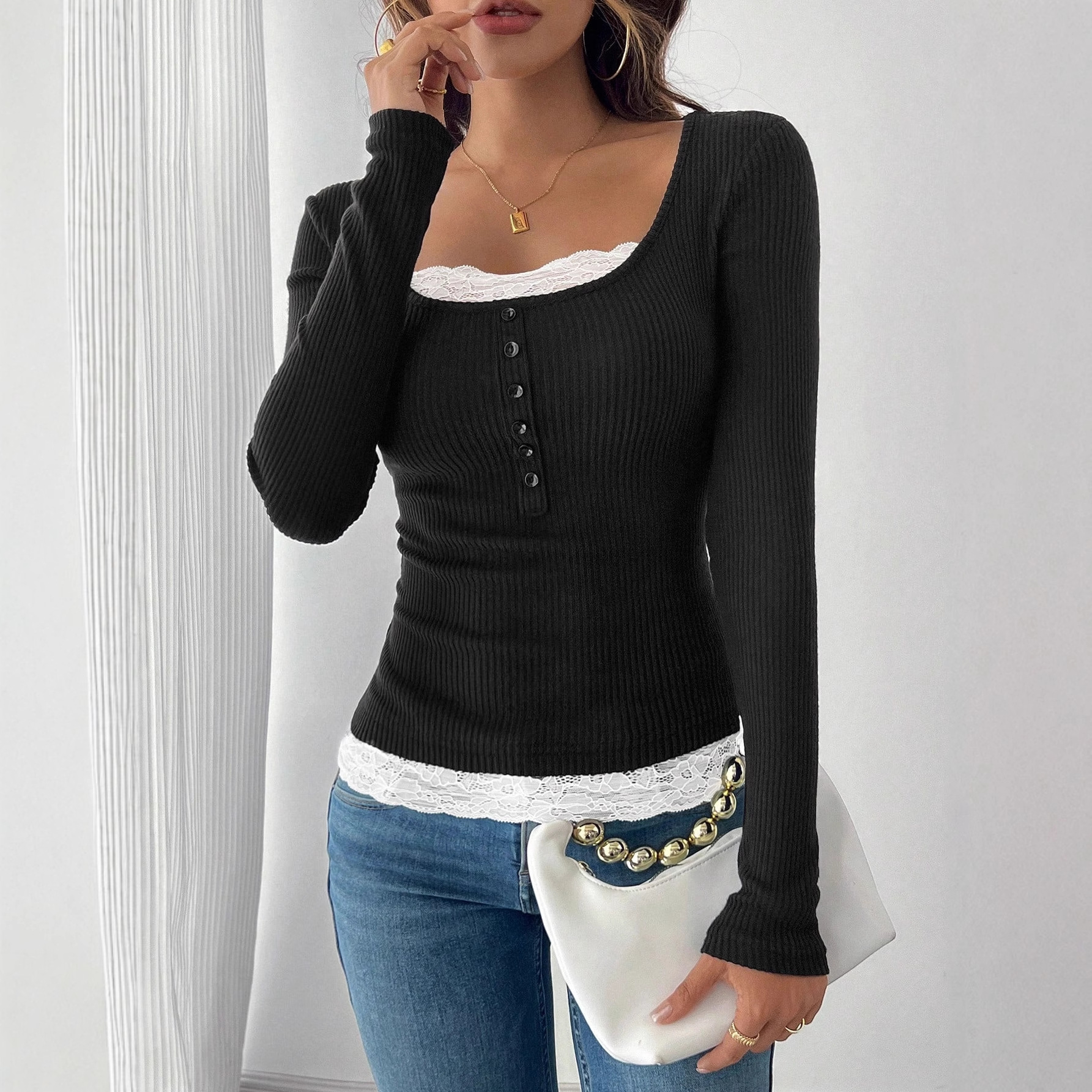 T-shirt femme 2025 automne/hiver Patchwork dentelle simple boutonnage coupe ajustée haut à manches longues T-shirt pulls femme