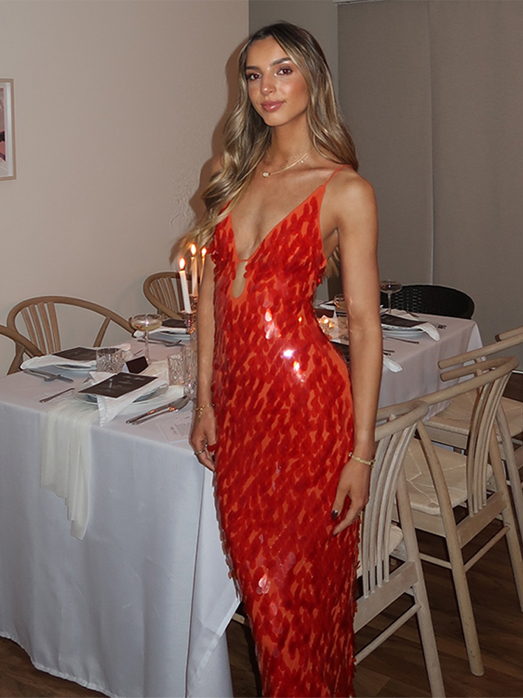 Sexy paillettes longue fronde robe de soirée femmes col en V sans manches rouge Maxi mince Robes femme 2025 été dame hanche paquet Robes nouveau