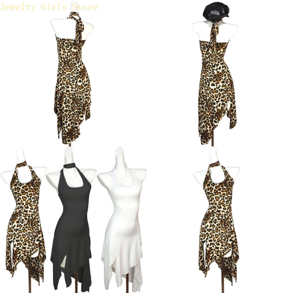 E56f Femmes Couc licou hors épaule ouverte Robe soirée à l'arrière Leopard Imprimé extensible sans manches corpus