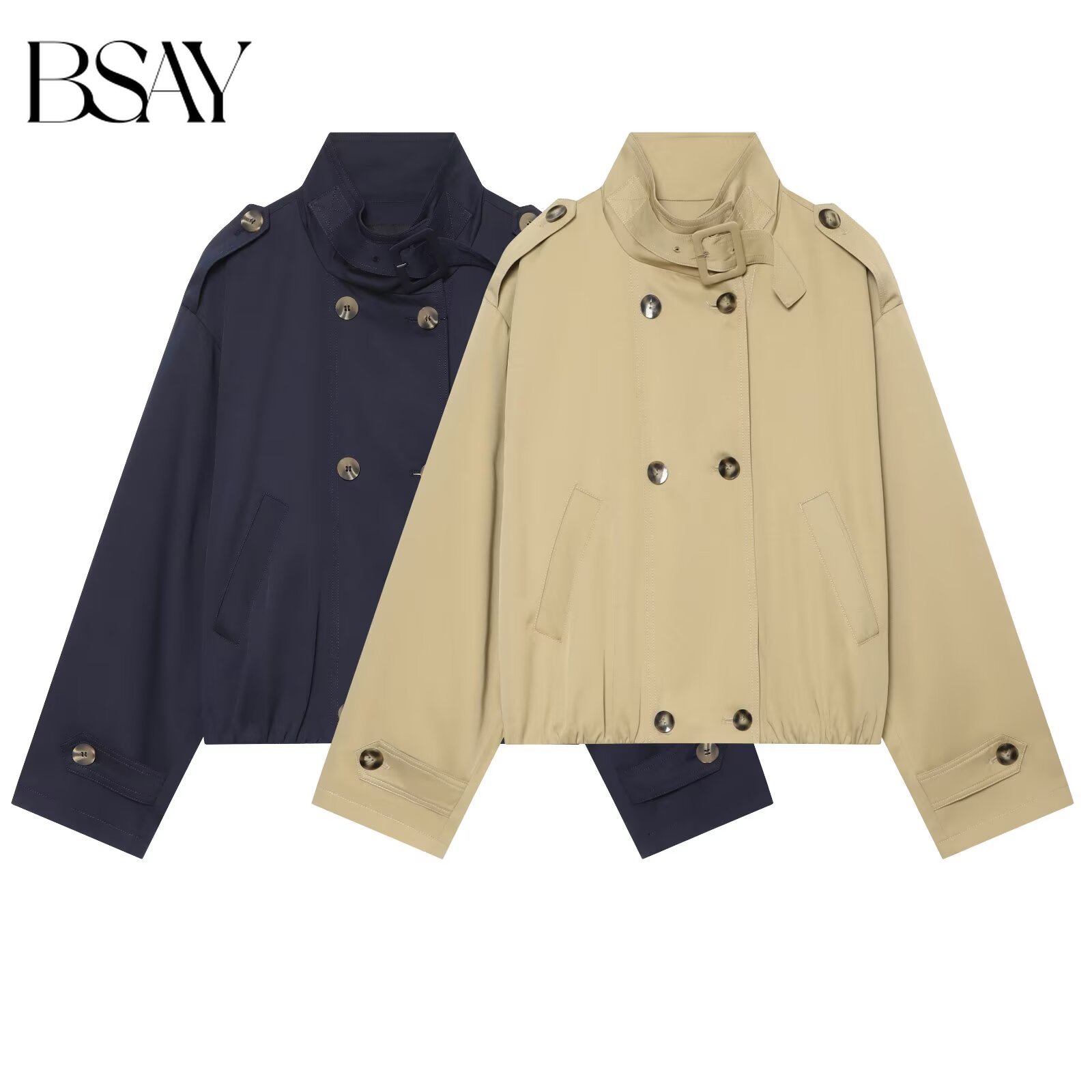 BSAY Manteau Trench Court Femme Printemps Automne, Style Décontracté, Col Montant, Double Boutonnage, Coupe Ample, Avec Poches et Épaulettes