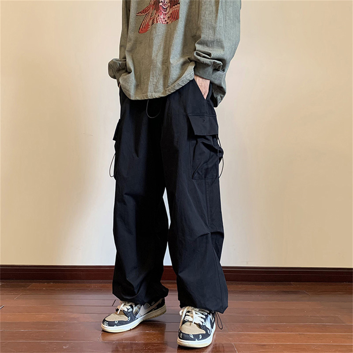 Streetwear 2024 printemps sarouel pantalons décontractés hommes taille élastique couleur unie Cargo pantalon Multi poche ample Baggy pantalon pour les femmes