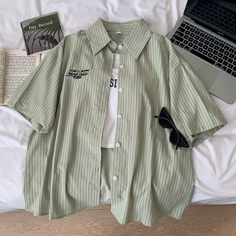 Chemise à rayures vertes de Style coréen pour femmes, vêtements à manches courtes, d'inspiration japonaise, coupe ample, haut décontracté, à la mode, été