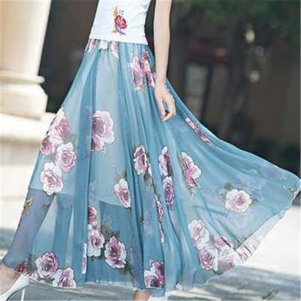 Jupe longue taille haute en mousseline de soie pour femmes, jupe d'été coréenne, jupe maxi florale dégradée, vêtements de danse élégants, vêtements de plage Boho Lady Vintage Girl