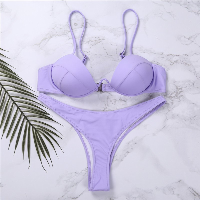 Nouveau Sexy femmes Push Up Bikini ensembles solide noir blanc coupe basse plage maillots de bain pour femmes col en v rembourré maillot de bain