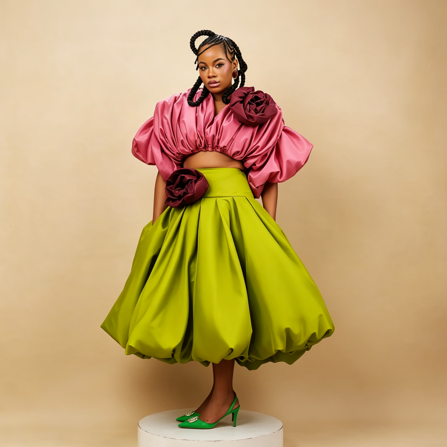 Ensemble deux pièces pour femmes : haut court rose vif à manches bouffantes et jupe mi-longue vert citron à bulles, ensemble en satin avec fleurs de rose 3D et poches, idéal pour les mariages.