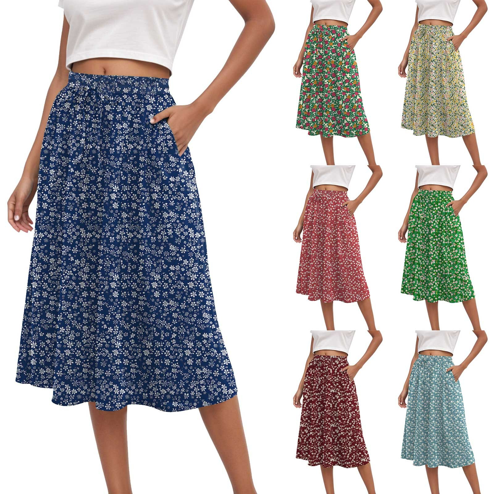 Jupe longue Maxi d'été pour femmes, Mini jupe plissée florale élégante, taille haute, ligne A sous le genou, jupes décontractées avec poches