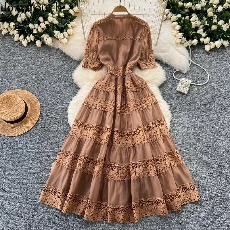 Robes d'été pour femmes taille mince à manches courtes Vintage Robe Femme Patchwork dentelle évider Robe Maxi 2025 robes De Mujer