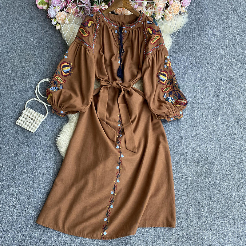 Robe Trapèze Brodée à Manches Bouffantes pour Femme, Col Rond, Taille Haute, Style Ethnique, Dropshipping