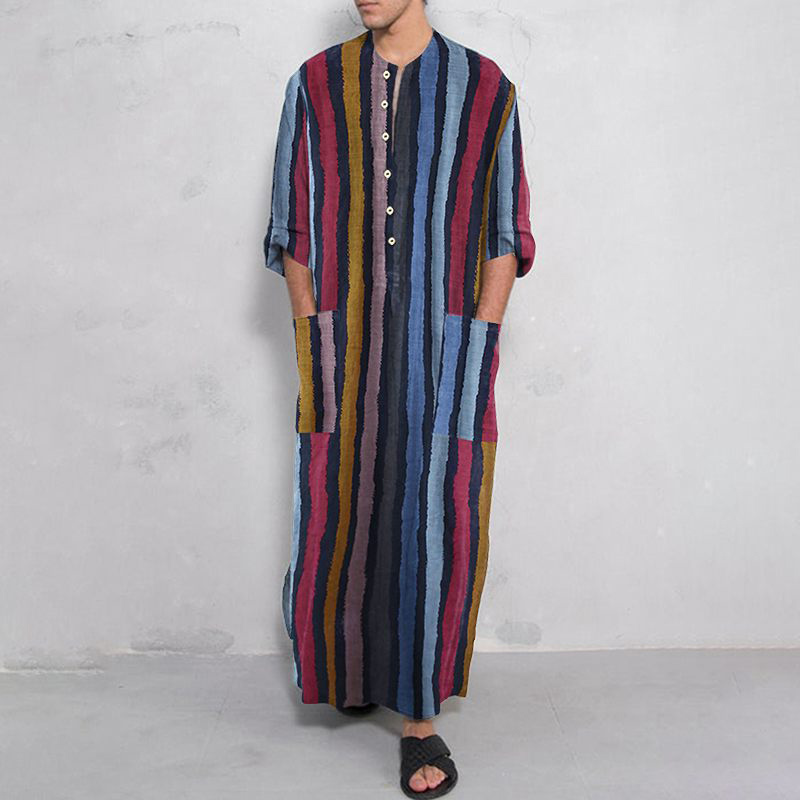 Hommes musulmans à manches longues coton rayé Robes islamique arabe caftan costume moyen-orient dubaï Abaya rétro printemps vêtements 2025 nouveau