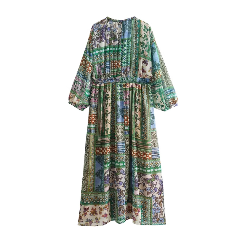 Robes imprimées à manches longues pour femmes, jupes décontractées patchwork, vintage, printemps, automne, nouveau, 2024