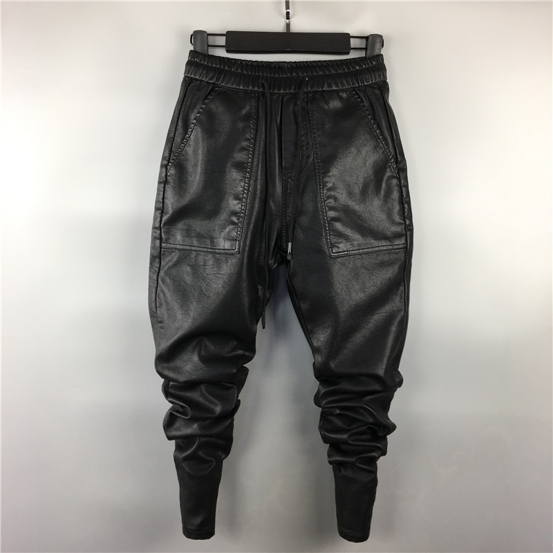 Pantalon Cargo Harem Décontracté pour Homme, Style Hip-Hop Urbain, en Similicuir PU, Longueur Standard, Automne Hiver, Noir, Grande Taille