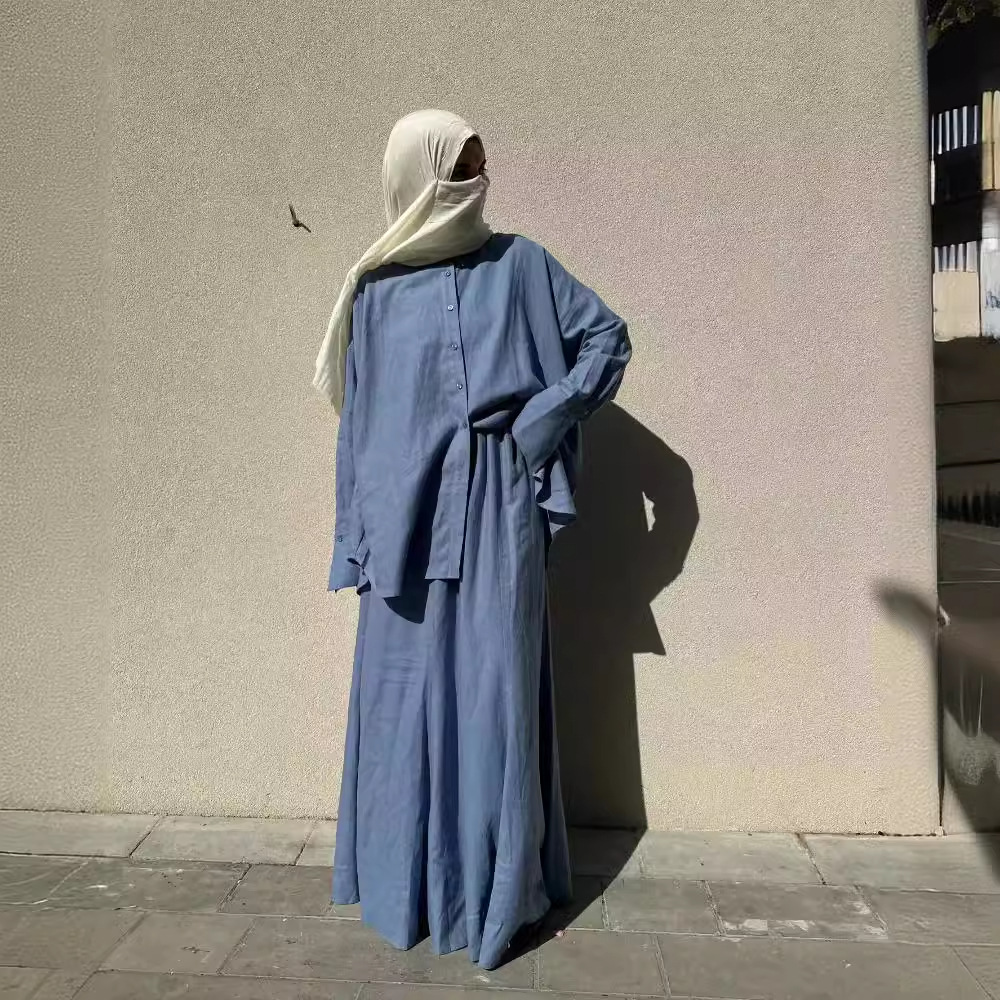 Ensemble de Chemises et Jupes sulfà Boutonnage Simple pour Femme Musulmane, Vêtement Modeste, Islamique, Maroc, Dubaï, 2 Pièces