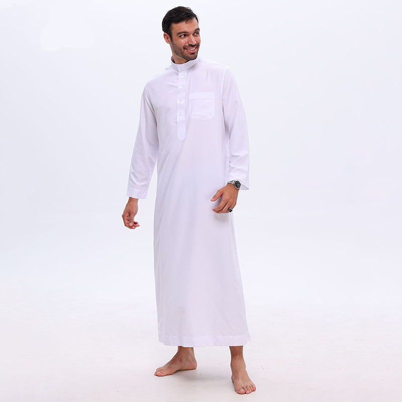 Vêtements islamiques pour hommes, robe longue blanche à manches longues, robe longue musulmane, abaya, kaftan arabe, col à boutons, thobe, jubba