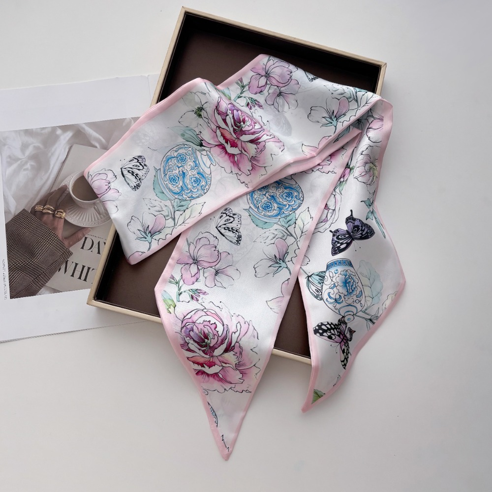 Élégant Foulard Floral Long pour Femme, Effet Soie, Foulard de Cou Fin, Bandeau, Foulard Imprimé, Ruban de Cou, Accessoire de Sac, Printemps