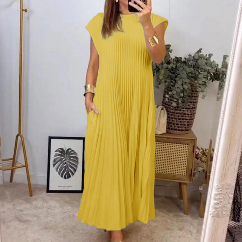 Robe sans manches pour femmes, robe longue décontractée plissée mi-longue de couleur unie à col rond et coupe ample pour les trajets quotidiens