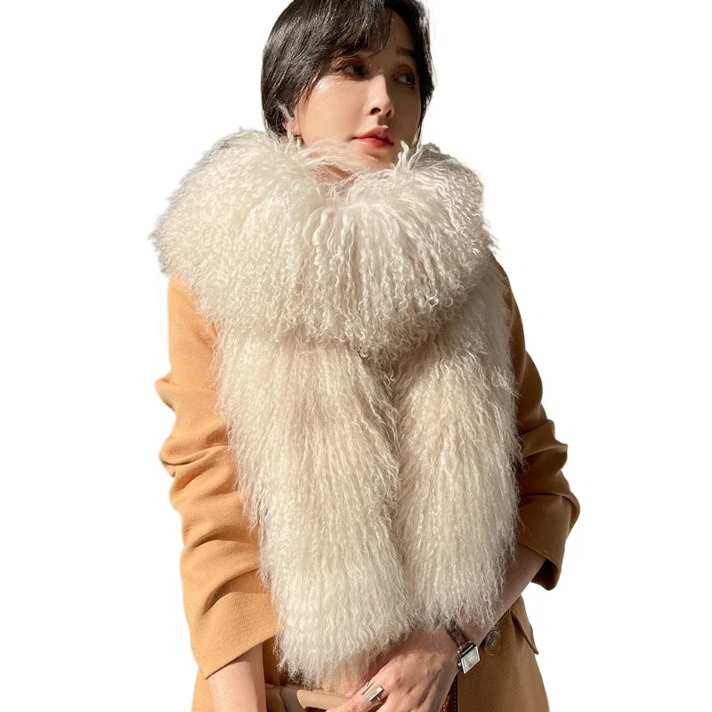 Écharpe en vraie fourrure de mongolie pour femme, épaisse, longue et chaude, en fourrure du Tibet, moelleuse, de luxe, à la mode, hiver 2023