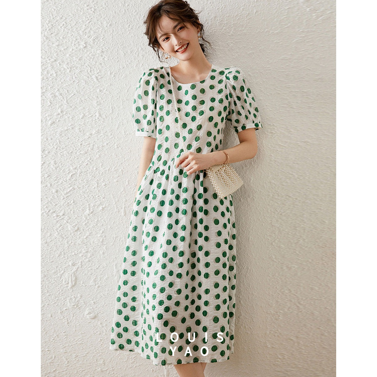Robe décontractée LOUIS YAO à pois pour femme, collection été 2026, style vintage, manches bouffantes, col rond, manches courtes, avec lacets