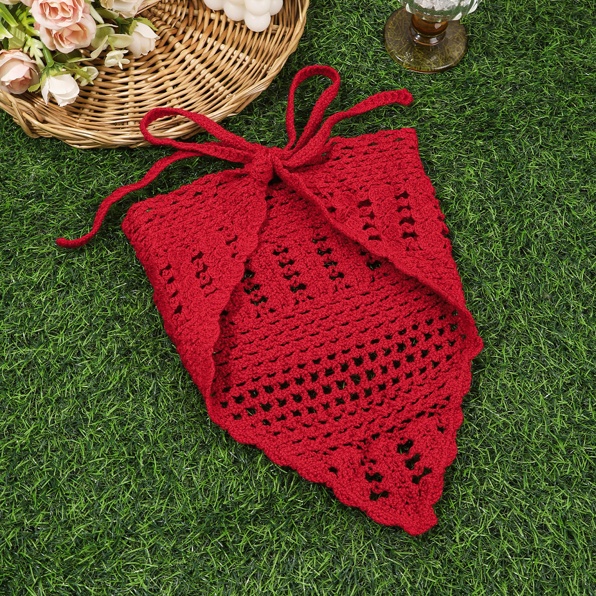 1 pièce Bandeau tricoté au crochet fait main, ajouré, doux, style vintage, foulard pour cheveux, accessoire capillaire, bandana triangulaire élégant