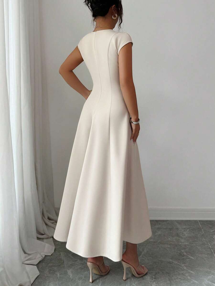 Robe midi à col carré pour femme, robe évasée ajustée à manches courtes, tenue élégante pour le bureau, les fêtes et les rendez-vous