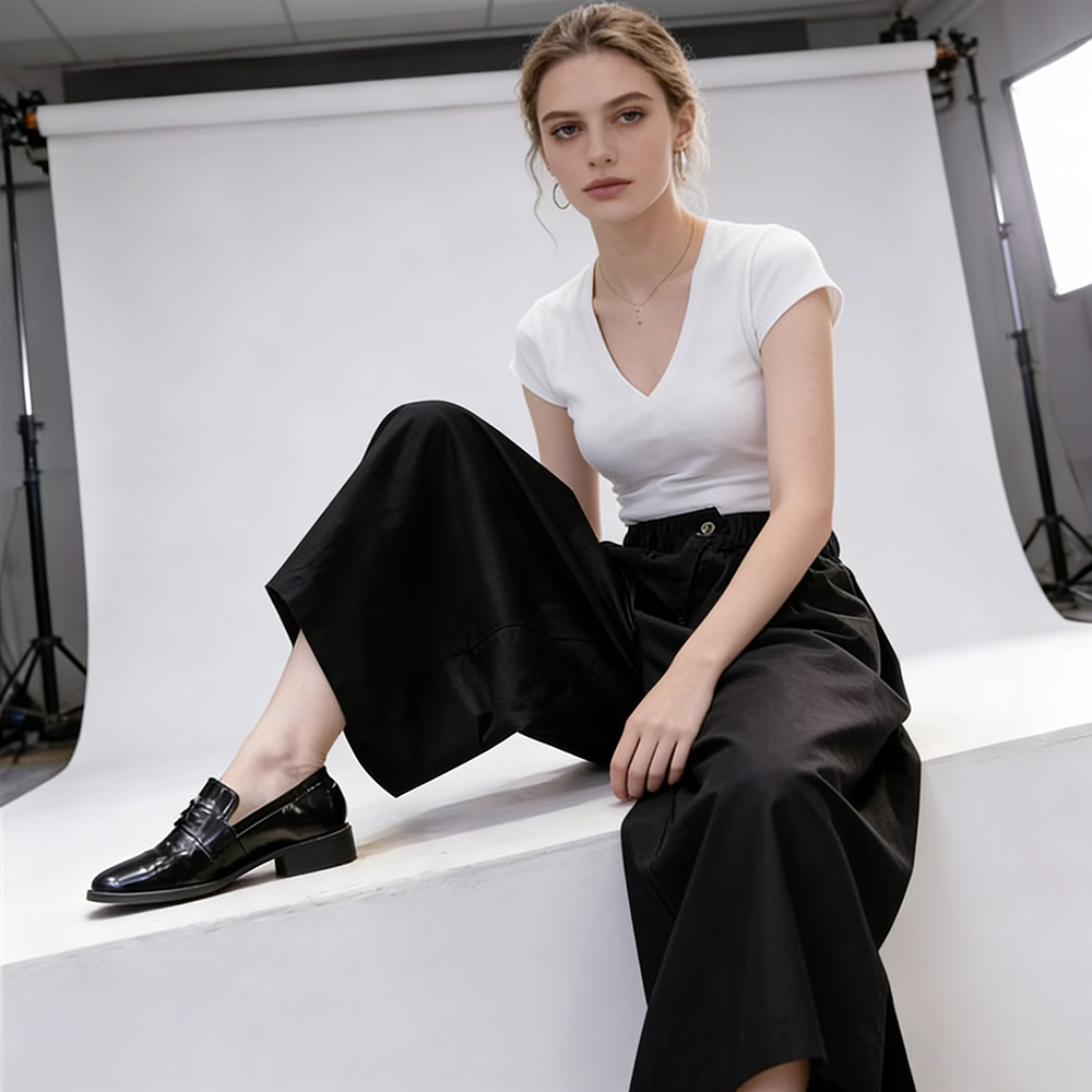 Pantalon large noir pour femme, décontracté et tendance, longueur cheville, avec poches, style 2026