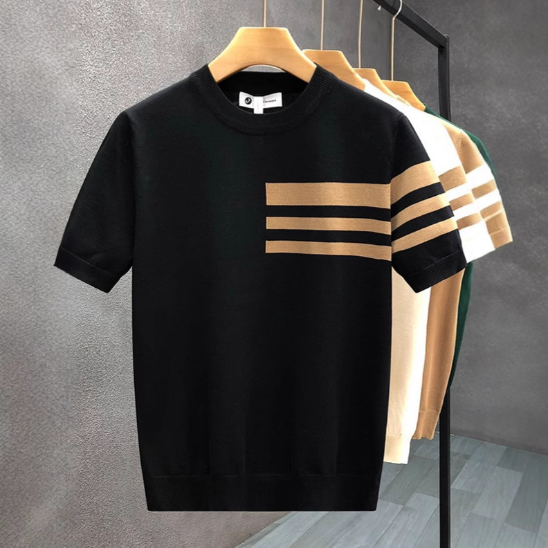 Style coréen 2025 été nouvelle mode hommes rayé contraste couleur col rond manches courtes respirant décontracté à la mode T-shirts mâle haut