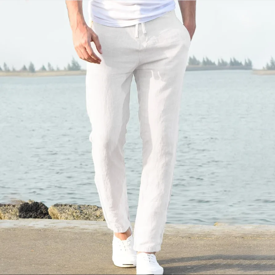 Pantalon de plage en coton et lin pour hommes, respirant, couleur unie, pour vacances, Fitness, Streetwear, printemps, été, automne