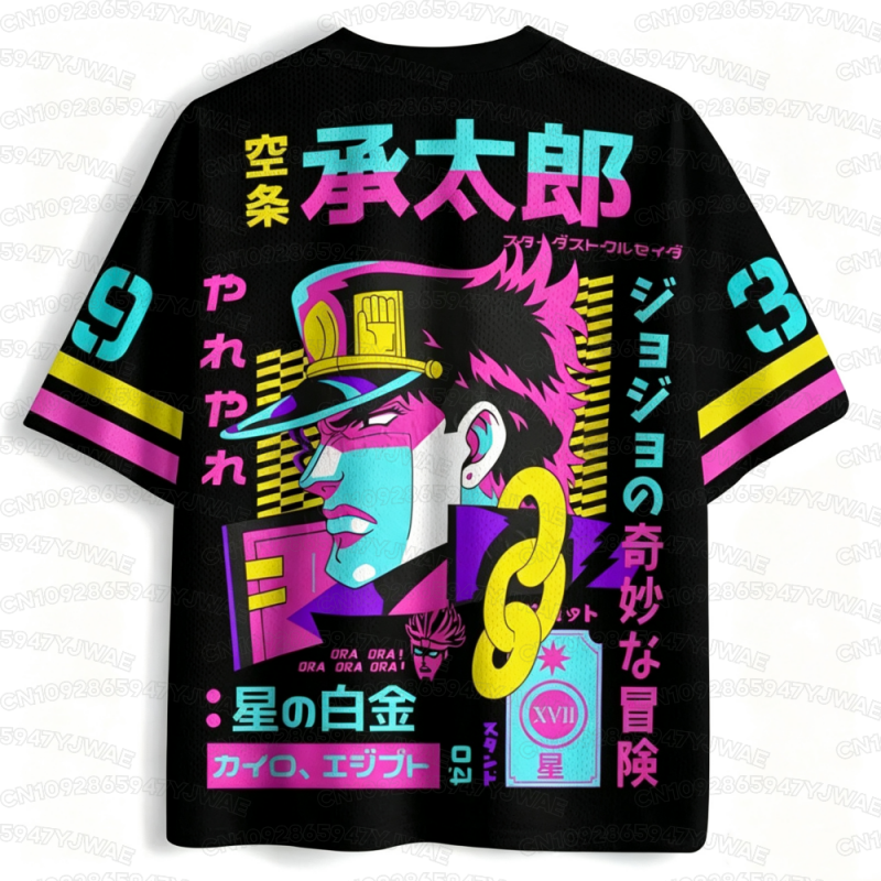 T-shirt court de sport respirant imprimé Harajuku à col en V pour hommes et femmes, motif anime populaire JOJO Jotaro Kujo, collection 2026